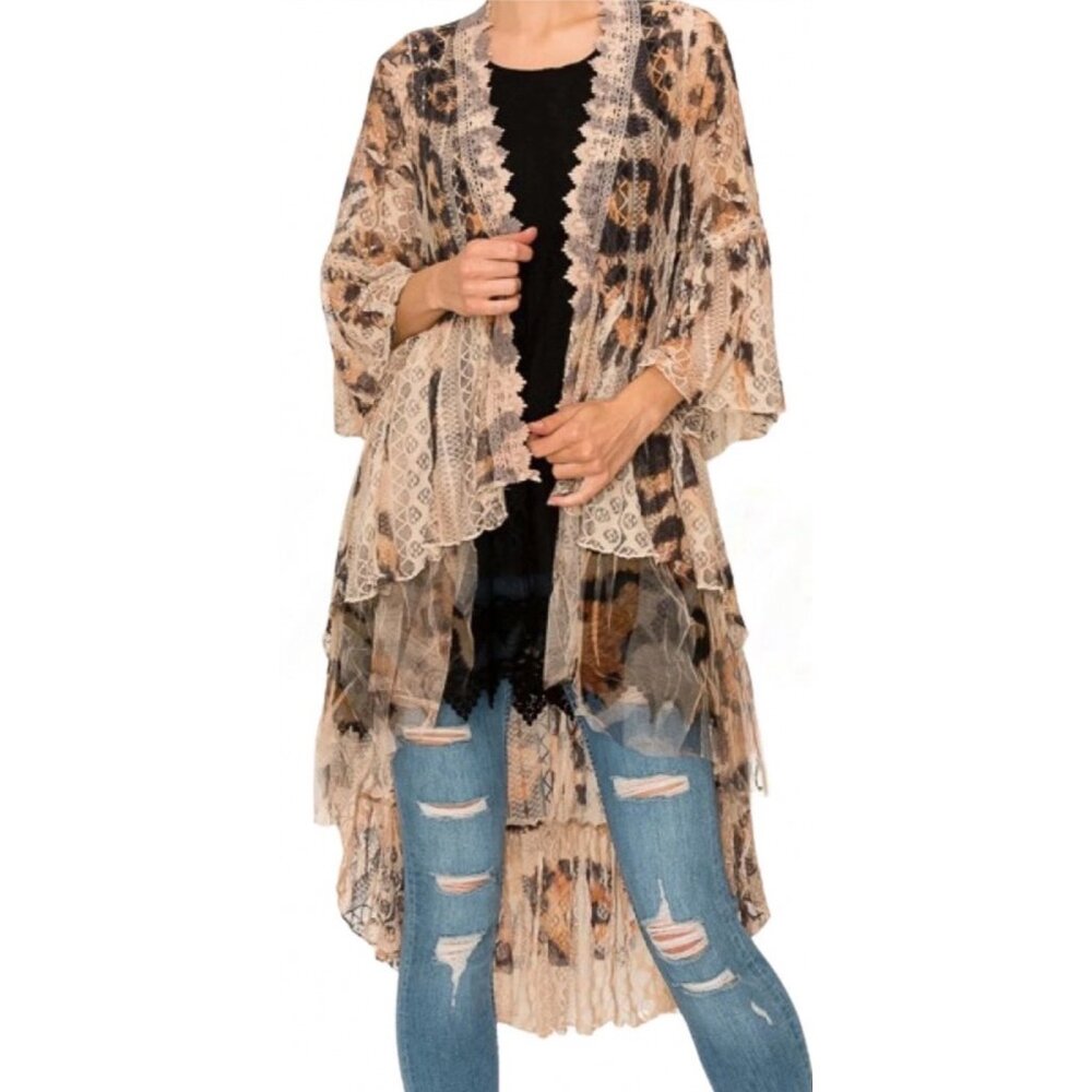 Origami Cardigan Leopard Lace Bohemian Western Duster Wrap M Kimono Fairy Goth